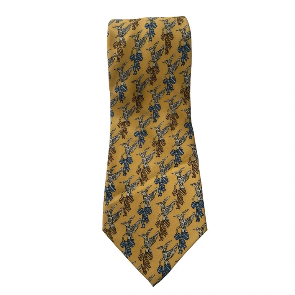 Salvatore Ferragamo 100% Silk yellow tie with birds pattern blue / yellow tones